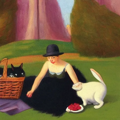 Image similar to a (cat) having a picnic with a bunny, the bunny has pink fur, the cat has black fur, highly detailed, painted by Edward Hopper