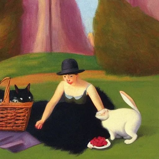 Prompt: a (cat) having a picnic with a bunny, the bunny has pink fur, the cat has black fur, highly detailed, painted by Edward Hopper