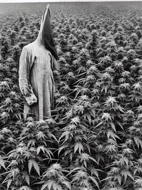 Image similar to grim reaper with no face in cannabis field, ww1 photo, grainy, high detail, high resolution,