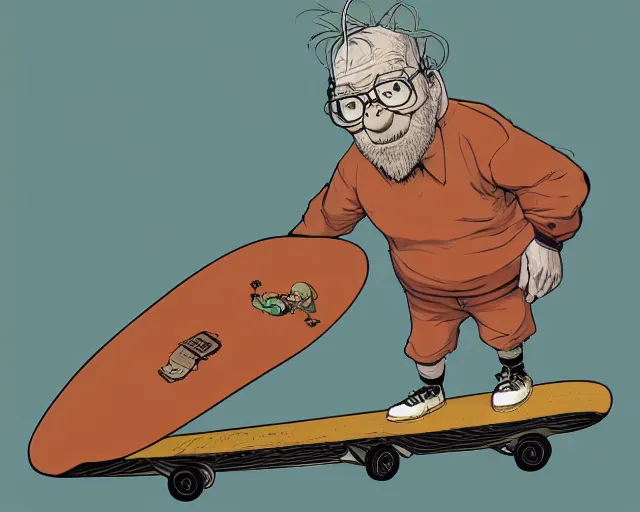 Prompt: a study of cell shaded cartoon of the old man from up on a skateboard, illustration, wide shot, subtle colors, post grunge, concept art by josan gonzales and wlop, by james jean, Victo ngai, David Rubín, Mike Mignola, Laurie Greasley, highly detailed, sharp focus, alien, Trending on Artstation, HQ, deviantart, art by artgem