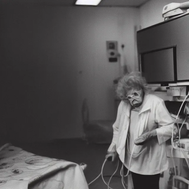 Prompt: an old woman in the center of a clean room, static, centered focus, bleak lighting, obscure, low quality TV video effect, photography, vhs footage