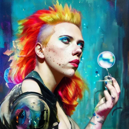 Image similar to scarlett johansson as delirium from sandman, ( hallucinating colorful soap bubbles ), by jeremy mann, by sandra chevrier, by jean giraud and maciej kuciara, punk rock, tank girl, high detailed, 8 k