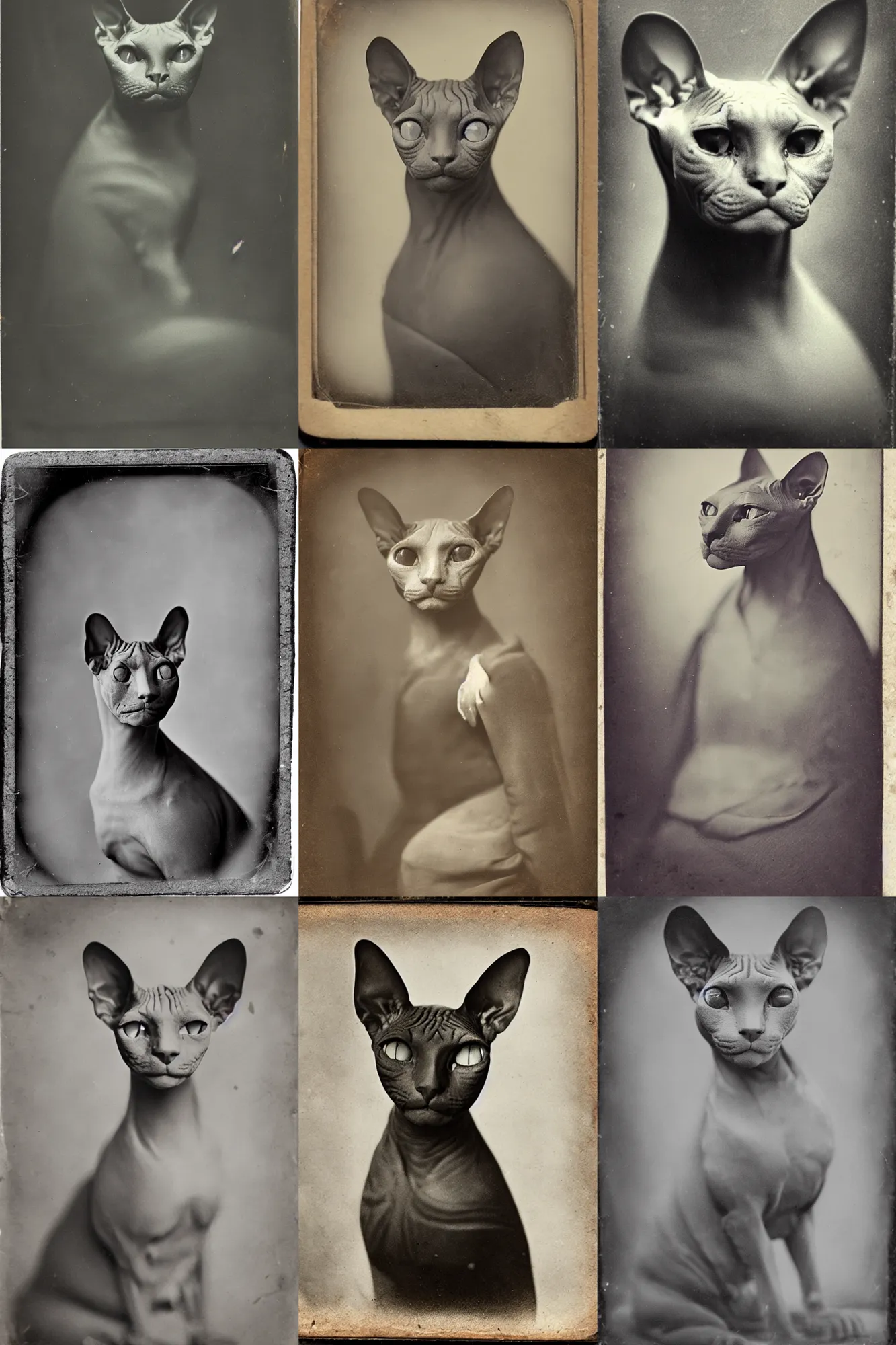 Prompt: an old tintype photograph of a sphynx cat