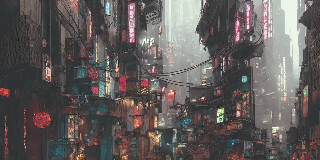 Image similar to Cyberpunk back alley on a rainy day in Japan, low angle view, detailed matte painting, cinematic, Moebius, Artstation