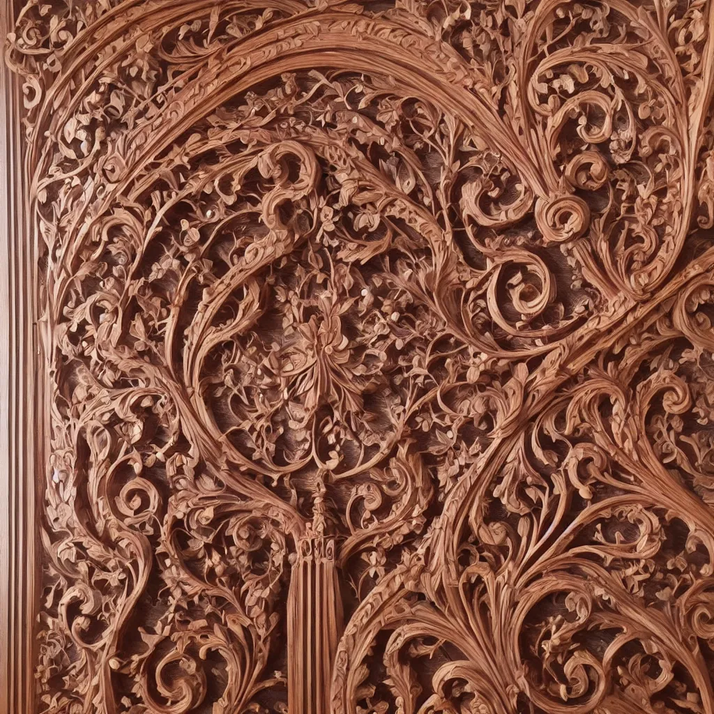Prompt: a 3 d wooden mahogany art nouveau carved sculpture of a delicate multi - layer tracery pattern, intricate and highly detailed, well - lit, ornate, realistic, polished with visible wood grain