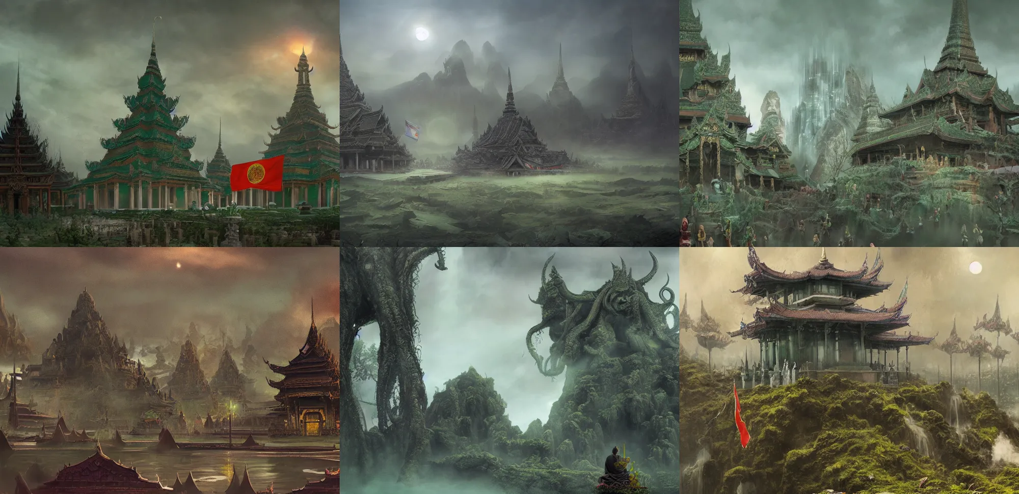 Prompt: Matte painting of an eldritch green buddhist temple with Thai flag. Cthulhu is coming down from the sky. It is the end of the world. By Greg Rutkowski. Horror. Surreal. Trending on Artstation. HD, 8K, highly detailed, good lighting, beautiful, epic