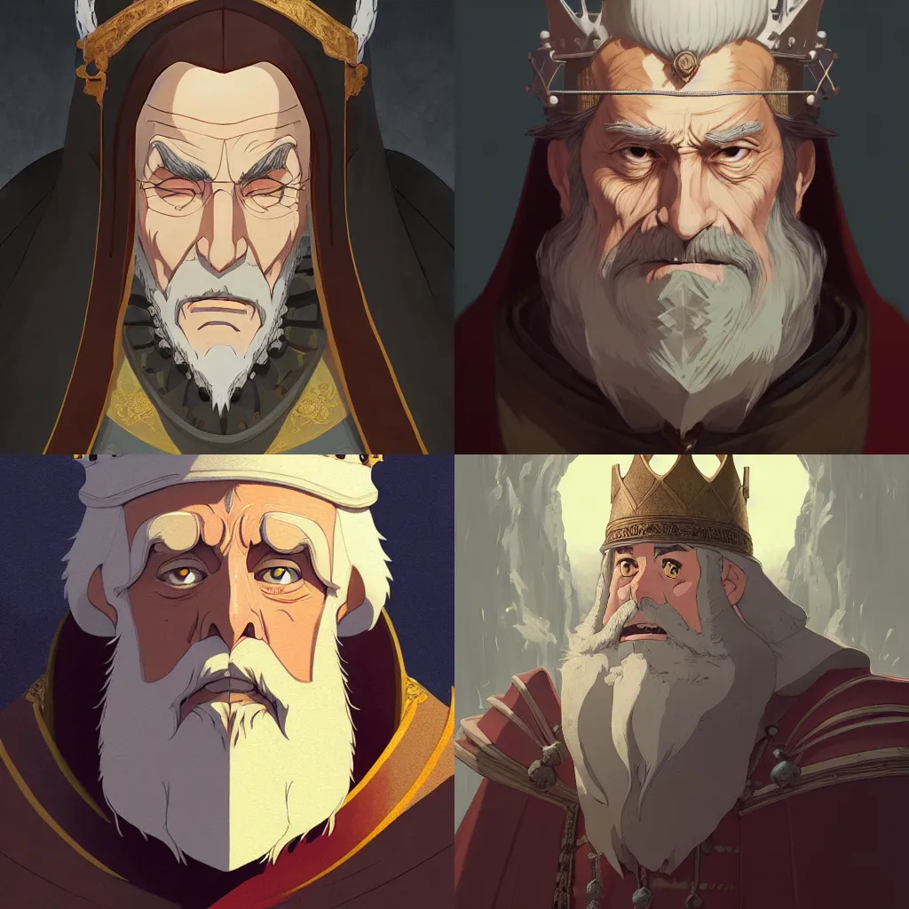 Prompt: portrait of medieval old king, artstation, cartoon, elegant highly detailed digital painting, concept art, smooth, sharp focus, illustration, art by ghibli, makoto shinkai, don bluth, fujita goro, giraud, tom whalen, atey ghailan, akihiko yoshida, fadeev