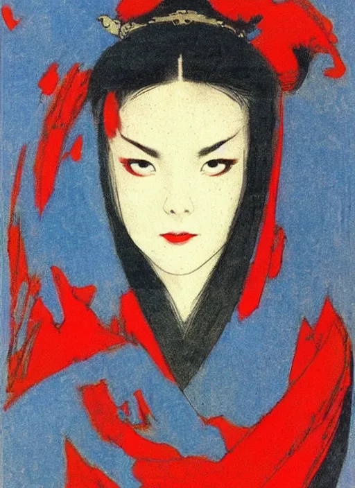 Image similar to portrait of mighty korean vampiress, jeweled veil, blue and red, strong line, saturated color, beautiful! coherent! by frank frazetta, high contrast, minimalism