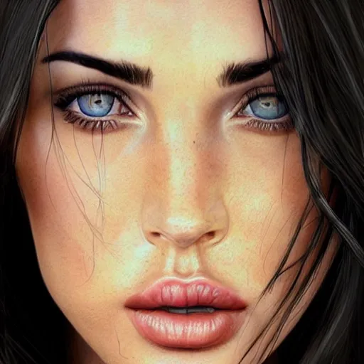 Image similar to megan fox closeup of face. hyperrealistic portrait, photo realistic, poster, artstation, volumetric lighting, digital art, very detailed face by magali villeneuve