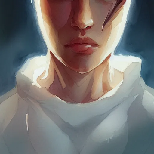 Image similar to character portrait in the style of thomas river and artgerm, lean face, cinematic lighting, watercolor, low detail