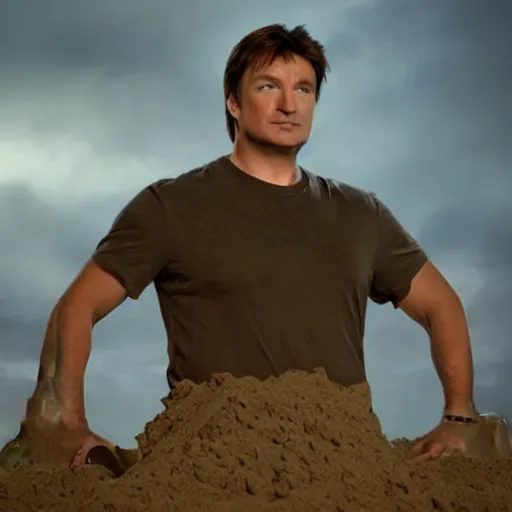 Image similar to nathan fillion as a sandcastle, beautiful composition, cinematic lighting