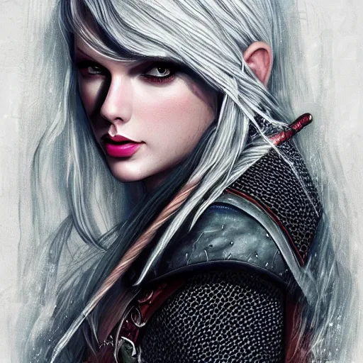 Prompt: an epic portrait of taylor swift as a witcher, witcher design, beautiful face, detailed face, white hair, epic fantasy art, trending on artstation, deviantart, high detail, high definiton, ultra realistic, high quality, ultra quality, hyper realistic, 4 k uhd,