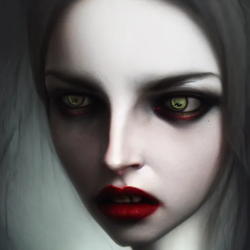 Image similar to portrait of a lady vampire, 35mm, depth of field, DOF, ominous, detailed, realistic, unreal engine, cinematic, high definition, 4k, artstation, Zdzisław Beksiński, irwin penn