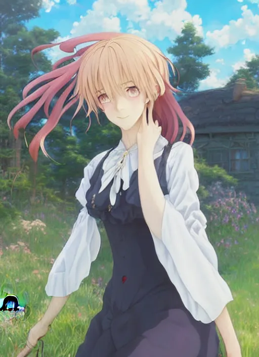 Image similar to Painting of a cottagecore witch with side-shaved strawberry hair in the style of Violet Evergarden, beautiful anime art style, winged eyelashes, countryside, calm, fantasy character portrait, dark outlines, dynamic pose, above view, sunny day, artwork by Makoto Shinkai, very coherent asymmetrical artwork, sharp edges, perfect face, simple form, 100mm