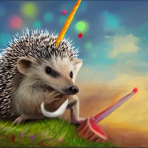 Image similar to a hedgehog riding on a unicorn, digital painting realism