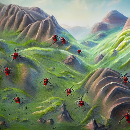 Image similar to a landscape painting of hills covered in robotic ants, painting, highly detailed