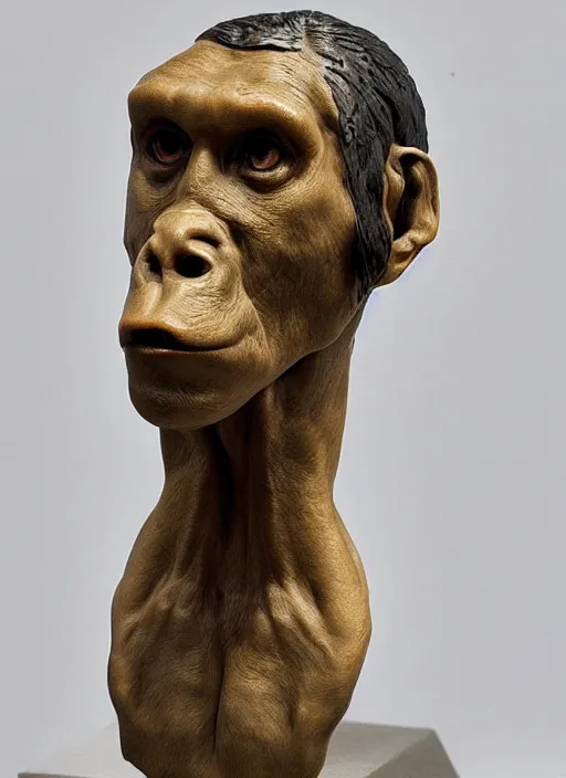 Image similar to a bust sculpture of a neandertal with animal face features, detailed, anatomically correct, ceramic base, orthographic, studio lighting, expresive