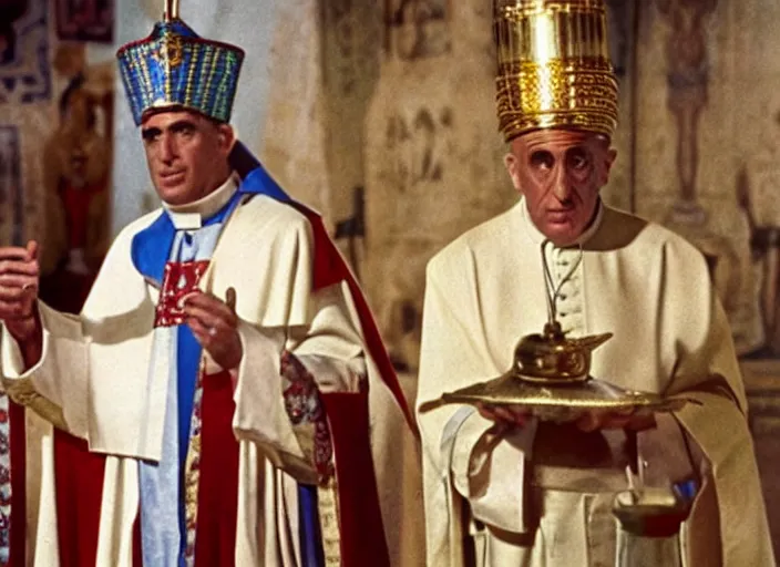 Image similar to a film still of the pope dressed in egyptian style as the faraoh, in the 1 0 commandments ( 1 9 5 6 ), technicolor color