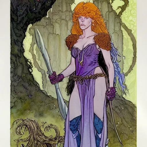 Image similar to a realistic and atmospheric watercolour fantasy character concept art upper body image of a young jane fonda in her 2 0 s posing as a druidic warrior wizard looking at the camera with an intelligent gaze by rebecca guay, michael kaluta, charles vess and jean moebius giraud