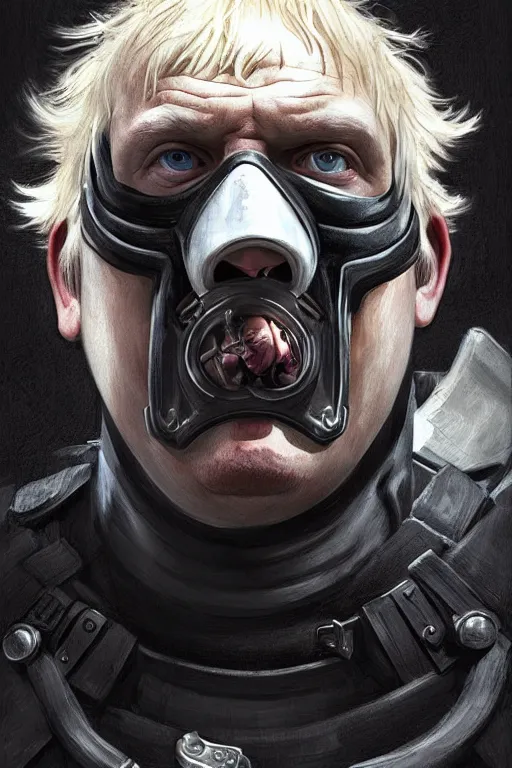 Prompt: Boris Johnson as a Bane from Dark Knight, Boris Johnson hairstyle, realistic portrait, symmetrical, highly detailed, digital painting, artstation, concept art, smooth, sharp focus, illustration, cinematic lighting, art by artgerm and greg rutkowski and alphonse mucha