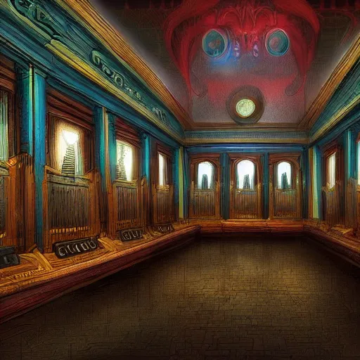 Image similar to eldritch legislature, fantasy illustration, realistic colorful photography, interior, hyperrealism