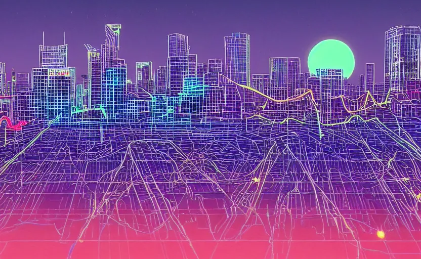 Prompt: beautiful synthwave city in an oscilloscope