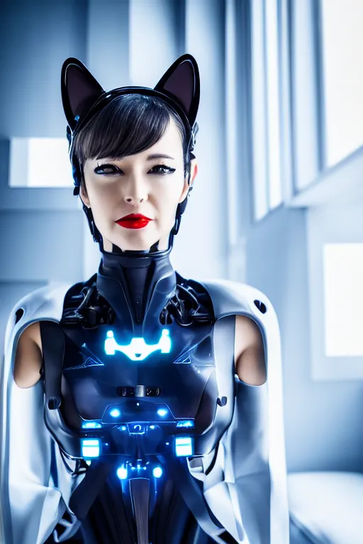 Image similar to cybernetic ultra high tech female secretary with cat ears, sci - fi, cyberpunk, high tech, futurism, exoskeleton, symmetry, cinematic, elegant, luxury, perfect light, perfect composition, dlsr photography, sharp focus, 8 k, ultra hd, sense of awe, highly detailed, realistic, intricate, science journal cover