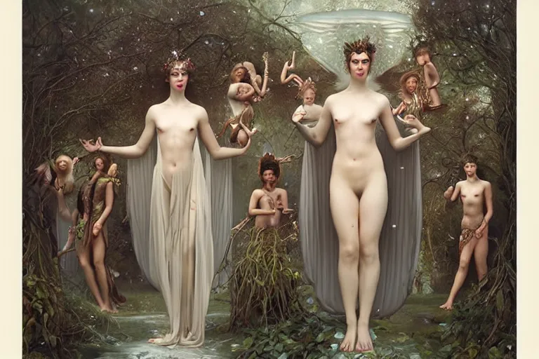 Prompt: the goddess of holding the door for someone too far away surrounded by a court of nymphs, by tom bagshaw peter kemp, beautiful highly symmetric faces