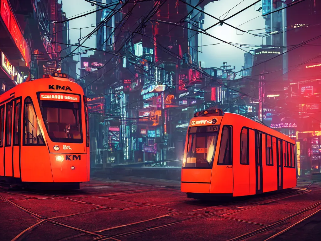 Prompt: an streetcar ktm - 8 red and white stands at a road on the other planet, headlights shine with neon light, in the background in the distance the earth, atmospheric, futuristic, cyberpunk, ray tracing global illumination, 8 k resolution, ultra detailed