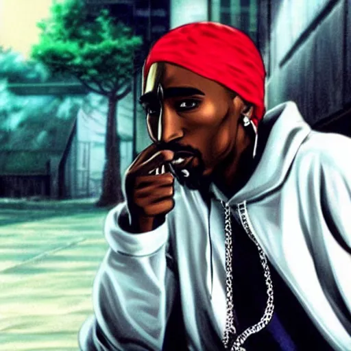 Image similar to Tupac Shakur, screenshot from a 2012s anime