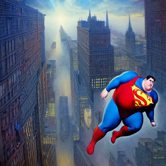 Image similar to hyperrealistic mixed media portrait of a a mordidly obese superman floating through the air over empty city streets at midnight, despair, stunning 3d render inspired art by P. Craig Russell and Barry Windsor-Smith + perfect facial symmetry + dim volumetric lighting, 8k octane beautifully detailed render, post-processing, extremely hyperdetailed, epic composition, grim yet sparkling atmosphere, cinematic lighting + masterpiece, trending on artstation