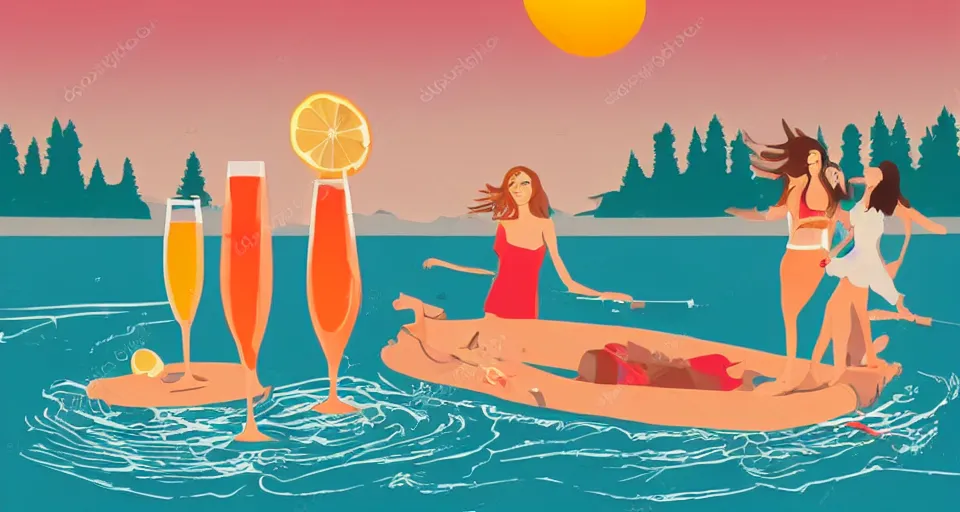 Image similar to simple illustration storyboard of girls weekend on a lake, mimosas