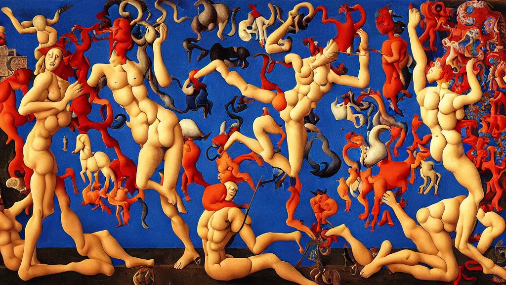 Image similar to the three fates, red bodied devils and blue horses, Greek antiquity | pain, pleasure, suffering, adventure, love, life, afterlife, souls in joy and agony | abstract oil painting, gouche on paper by MC Escher and Salvador Dali and raqib shaw |