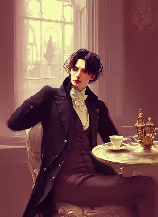 Image similar to an aristocrat talking to dorian gray over a cup of tea, digital painting, artstation, concept art, smooth, sharp focus, illustration, art by artgerm and greg rutkowski and alphonse mucha