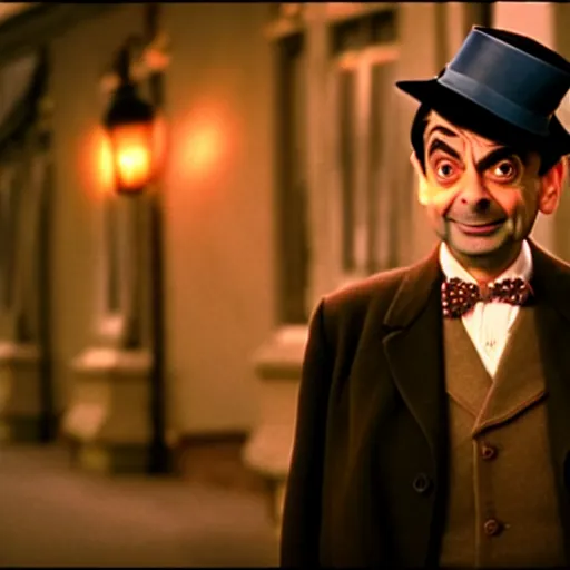 Image similar to mr bean as mary poppins. movie still. cinematic lighting.