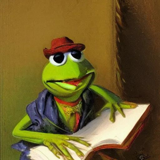 Prompt: portrait of kermit the frog holding a note book by theodore ralli and nasreddine dinet and anders zorn and nikolay makovsky and edwin longsden long