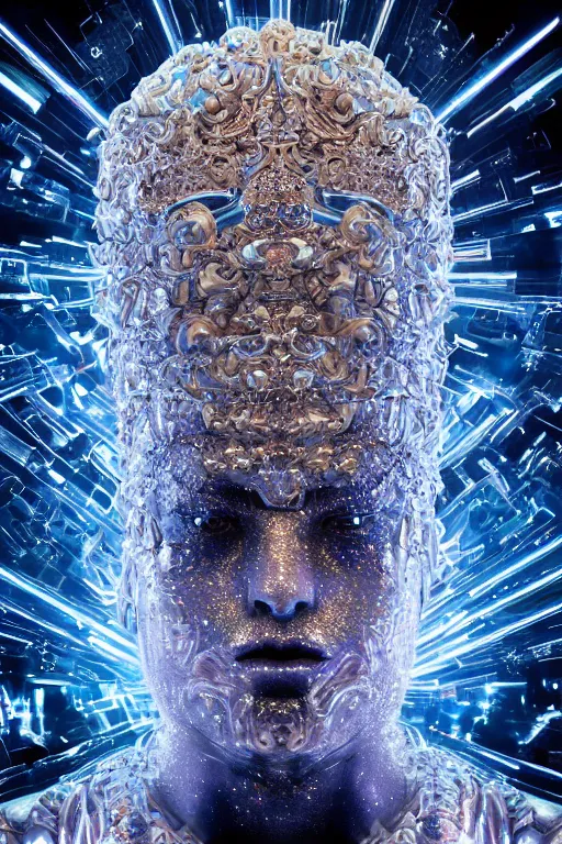 Image similar to hyper detailed ultra sharp portrait of baroque and bladerunner delicate neon diamond sculpture of seductive albino christian santamaria, sarcophagus blue iridescent humanoid deity wearing metallic hoody made out of hands holding the sun prismatic dungeon, glowing blue face, crown of white diamonds, cinematic lighting, photorealistic, octane render 8 k depth of field 3 d