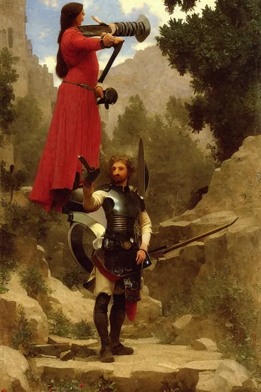 Image similar to leodagan with medieval armour, ballista on background, bouguereau