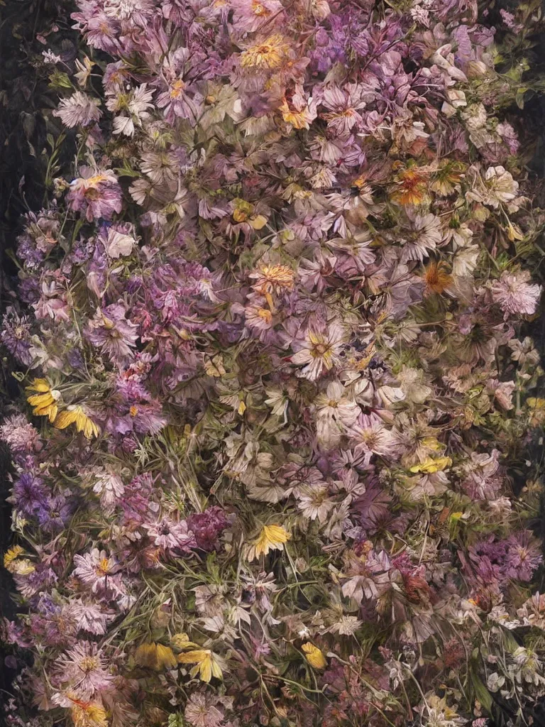 Image similar to a chaotic whirlwind of fresh wildflowers and leaves, intricate details, aesthetically pleasing and harmonious natural colors, art by marco mazzoni, impressionism, detailed, dark, spring, flowers