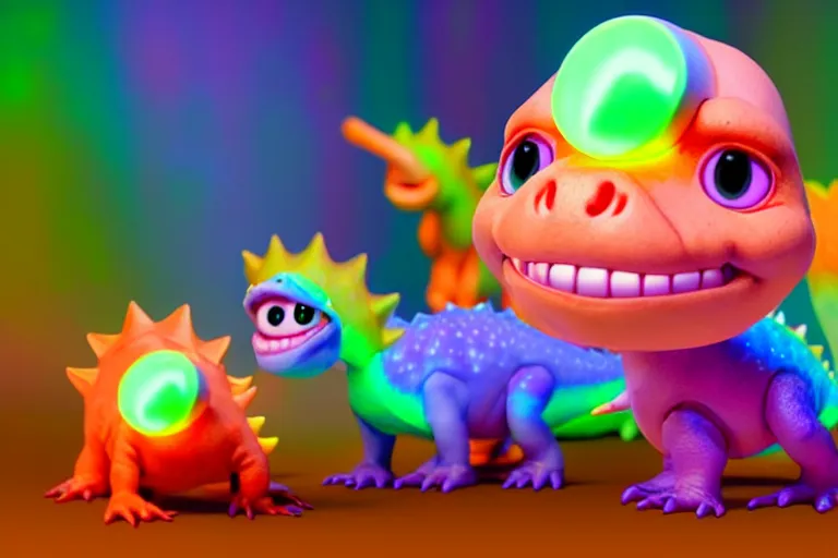 Image similar to pixar designed cute, smiling chibi style baby dinosaurs made entirely out of glowing electrified plasma, having fun inside a psychedelic realm made entirely out of love and acceptance and hypercolors. astral beings sharing love. renderman ray tracing
