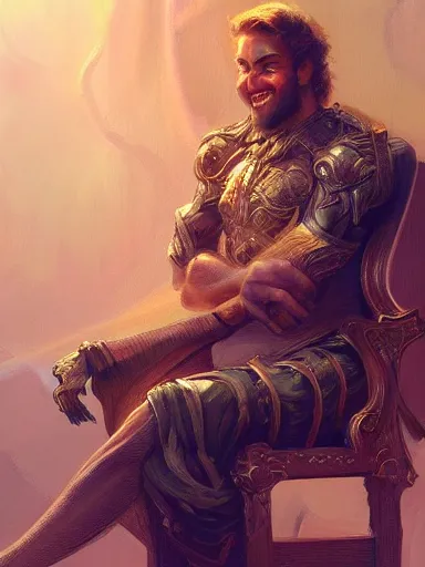 Image similar to a noble man smiling with flirty eyes. crossed arms, sitting in his chair. intricate, elegant, highly detailed, digital painting, artstation, concept art, sharp focus, illustration, by justin gerard and artgerm, 8 k