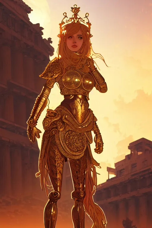 Prompt: portrait knights of zodiac girl, golden and copper shining armor, in ruined agora of athens sunrise, ssci - fi and fantasy, intricate and very very beautiful and elegant, highly detailed, digital painting, artstation, concept art, smooth and sharp focus, illustration, art by tian zi and ilya kuvshinov and wlop and alphonse mucha