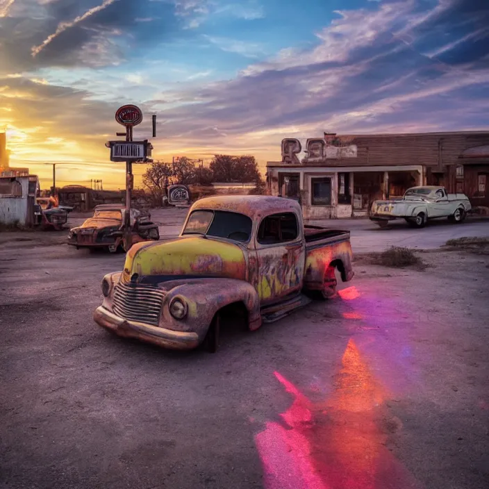 Image similar to a sunset light landscape with historical route 6 6, lots of sparkling details and sun ray ’ s, blinding backlight, smoke, volumetric lighting, colorful, octane, 3 5 mm, abandoned gas station, old rusty pickup - truck, beautiful epic colored reflections, very colorful heavenly, softlight