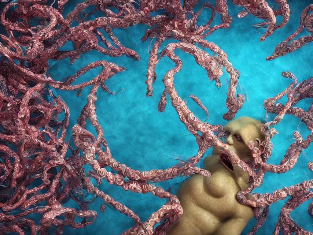 Prompt: a sculpture of fish ocean intertwined, a lovely cornucopia of flowers and human body parts, body parts, highly detailed, octane render, cinematic, shock, sharp focus, ball, an independent psycho,