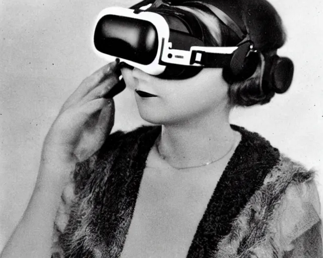 Image similar to 1 9 2 0 s photo of a flapper girl wearing a vr virtual reality headset