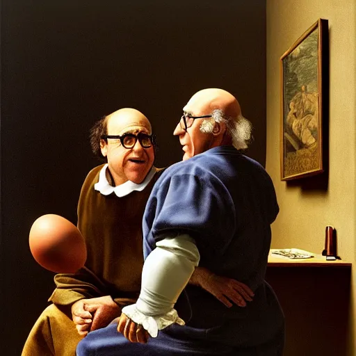 Image similar to danny devito and larry david fighting over a chair shaped like an egg, renaissance still life painting, masterpiece, realistic light and shadow, in the style of vermeer, highly detailed, photorealism