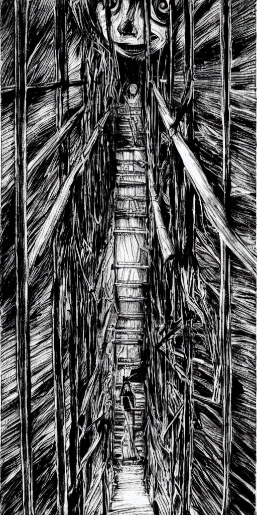 Image similar to A ladder from top to bottom, horror, creepy, dark, manga, pencil, inspired by junji ito, superior quality, masterpiece