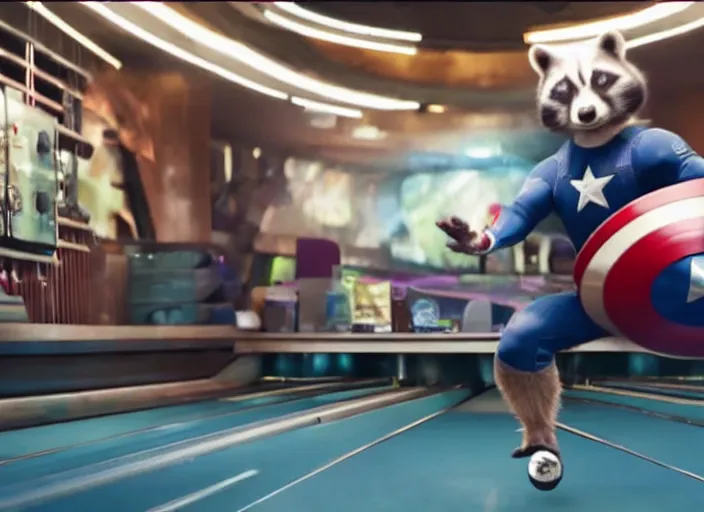 Image similar to film still of Rocket Racoon goes bowling in the new Avengers movie, 4k