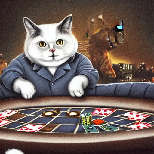 Prompt: fat mobster cat gambling at a poker table smokey photo