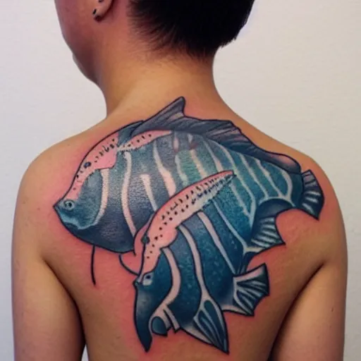 Prompt: person with a mola mola fish tattoo on shoulder
